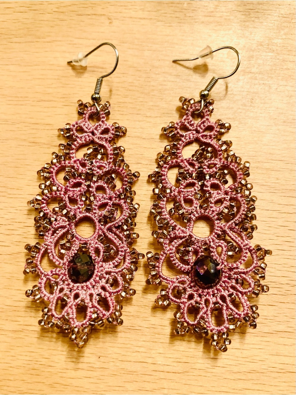 Rare Handmade Mauve Tatted Crochet Lace Drop Earrings with Faceted Bead Accents
